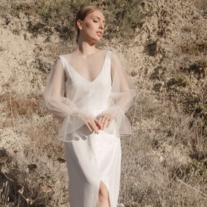 Tulle wedding topper with long sleeves, See through bridal crop top with v back, Sheer wedding dress topper with puffy sleeves - Aralia Top