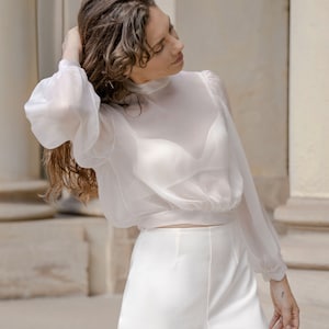 Silk chiffon wedding dress topper, High neckline wedding top, Vintage style bridal jacket, Modern bolero shrug wedding - Anthea Top