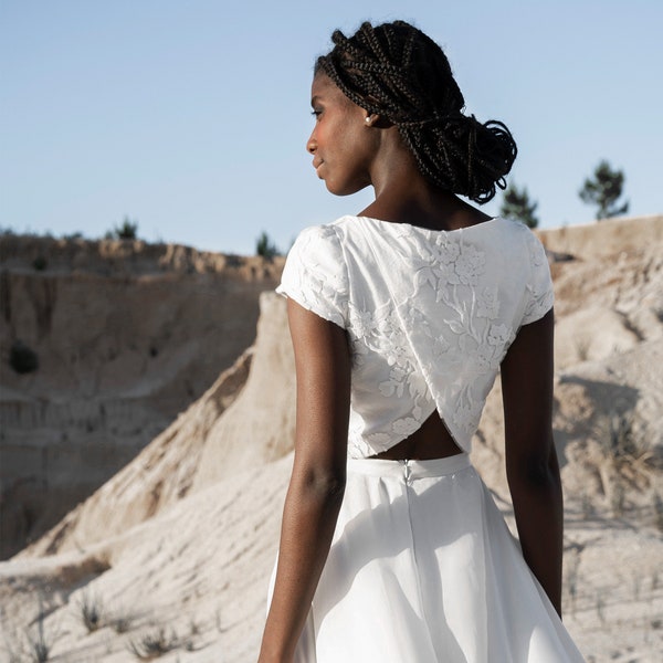 Lace wedding top with cap sleeves,  bohemian inspired crop top with floral lace, Bridal top with boat neckline - Cerise Top