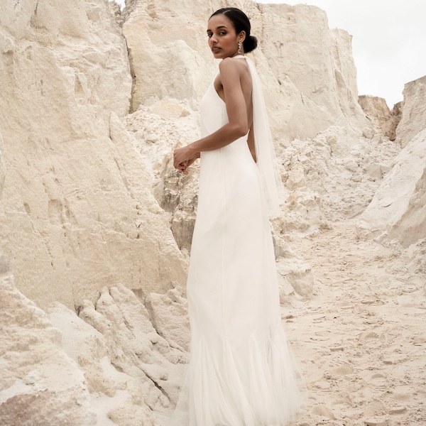 Mermaid wedding dress made of soft tulle, backless, floaty bridal gown with halter neckline - Sarvis Dress