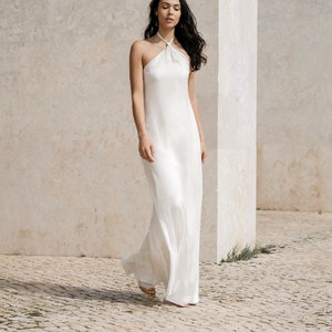 Silk chiffon wedding dress with low back, Simple, bohemian bridal gown with grecian neckline - Zivia Dress