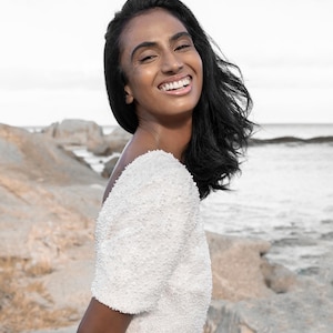 Sparkly wedding top embroidered with pearls and sequins, Bridal crop top with short sleeves and boat neckline - Xylaria Top