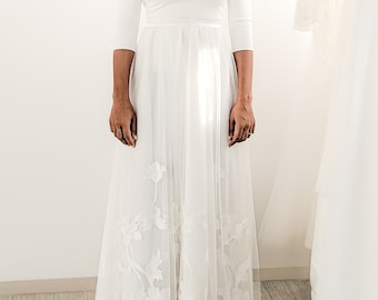 Tulle bridal skirt with floral lace, Floaty, simple wedding skirt, Alternative, 2 piece weddding dress - Lantana Skirt