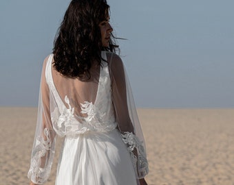 Lace wedding dress cover up with sleeves, Boat neck bridal topper, Non traditional alternative to wedding bolero and jackets -  Holly Top