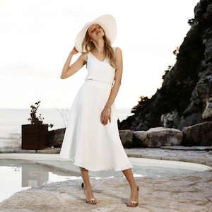 Two-piece satin wedding dress, Simple, elegant, backless wedding dress, Modern beach wedding  - Carline & Senna Two-piece