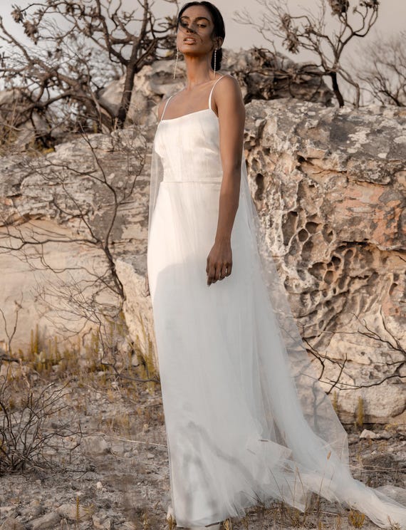 Flowy tulle wedding dress with fitted satin gown, Non traditional, backless bridal dress with overlay and train - Soldana dress