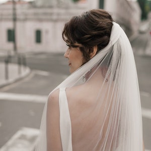 Puede incluir: Una novia con un vestido de novia blanco y un velo largo y fluido. El velo est&aacute; hecho de una tela transparente y est&aacute; drapeado sobre la cabeza y los hombros de la novia. La novia est&aacute; de pie frente a un edificio con una fachada blanca.