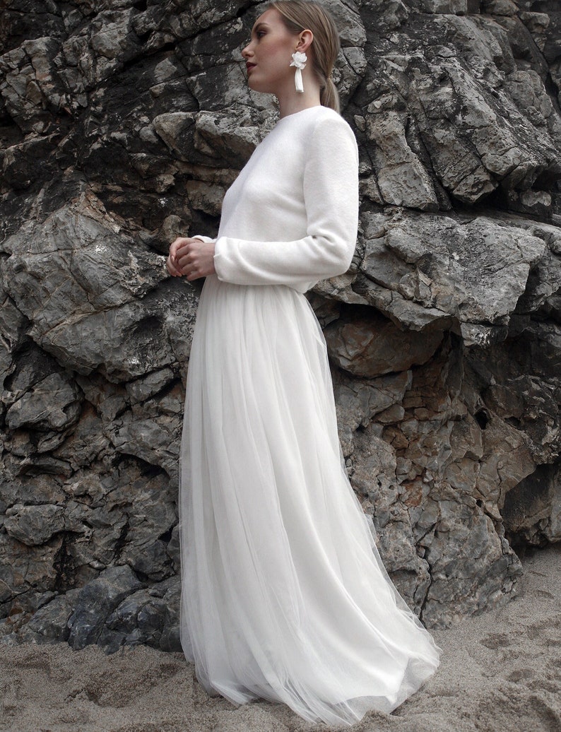 Bridal pullover wool, Chic wedding sweater with keyhole in back, knit wedding top with sleeves, Winter wedding dress separates Poppy Top image 1