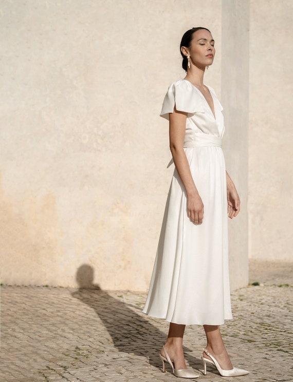 Midi Satin Wedding Dress with Bows and Deep V-Necklines, Elegant Courthouse Bridal Dress - Chrysa Dress