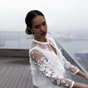 Bridal jacket with unique 3d lace, wedding dress cover up, bridal bolero, wedding dress topper, long sleeve lace top Leilani Jacket 3D Lace