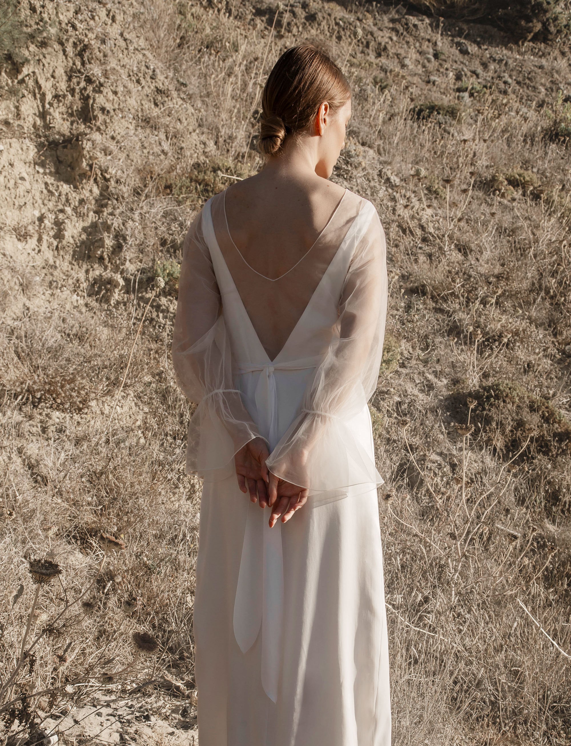 Tulle Wedding Topper with Long Sleeves, See Through Bridal Crop Top with V Back, Sheer Wedding Dress Topper with Puffy Sleeves - Aralia Top