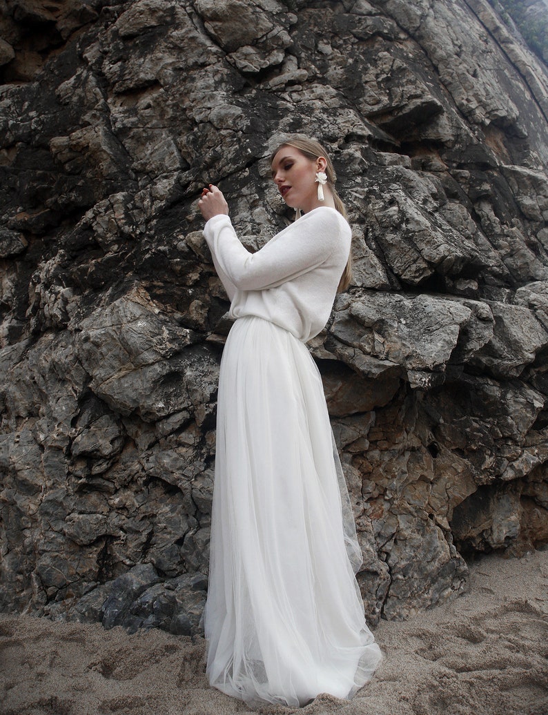 Bridal pullover wool, Chic wedding sweater with keyhole in back, knit wedding top with sleeves, Winter wedding dress separates Poppy Top Long sleeve
