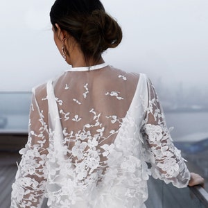 Bridal jacket with unique 3d lace, wedding dress cover up, bridal bolero, wedding dress topper, long sleeve lace top Leilani Jacket image 2