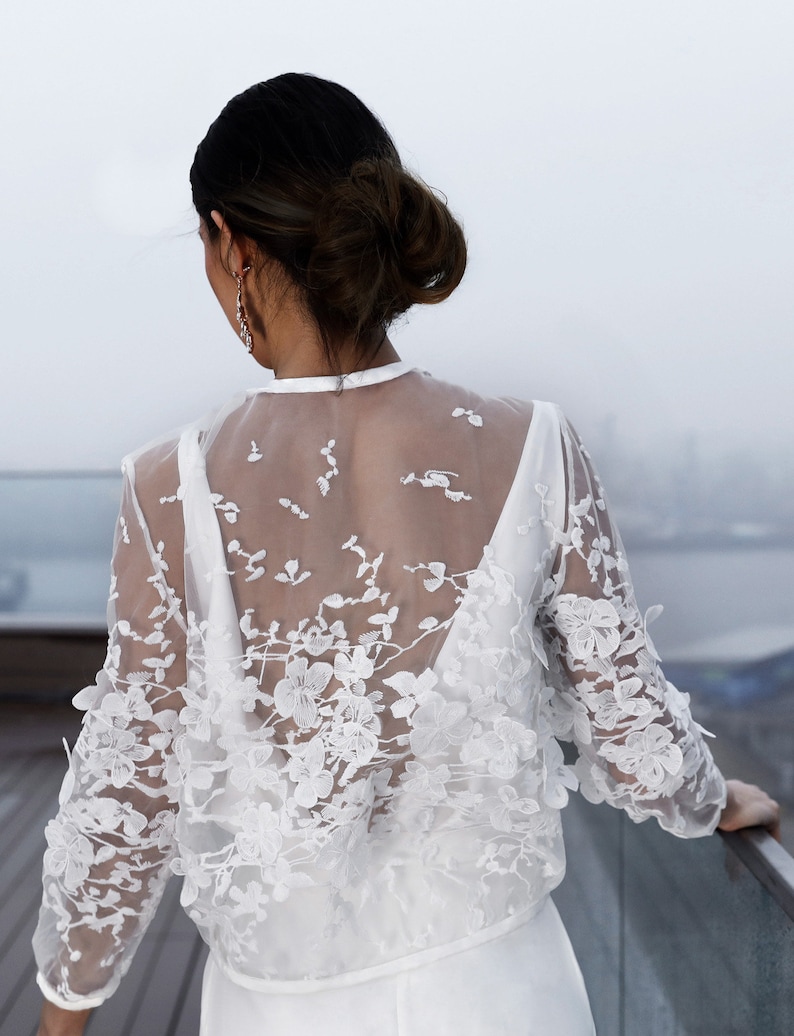 Bridal jacket with unique 3d lace, wedding dress cover up, bridal bolero, wedding dress topper, long sleeve lace top Leilani Jacket image 2