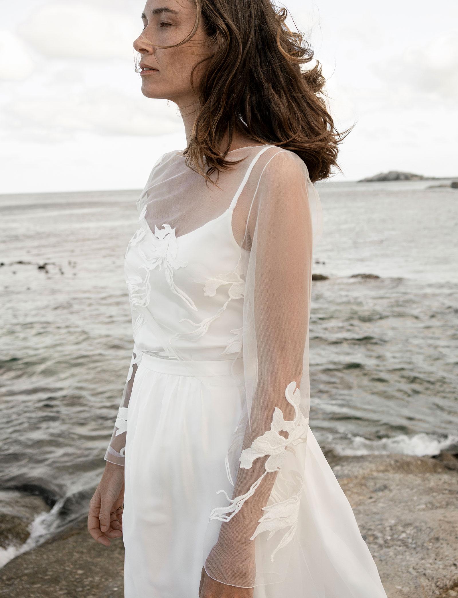 Sheer lace wedding topper, Long sleeve bridal top with boat neckline, Bohemian wedding dress cover up  -  Heather Top