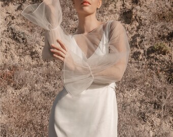 Tulle Wedding Topper with Long Sleeves, See Through Bridal Crop Top with V Back, Sheer Wedding Dress Topper with Puffy Sleeves - Aralia Top
