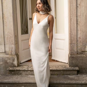 Satin bridal dress made with spaghetti straps and deep v-neckline, Slip wedding dress  - Ixora Dress