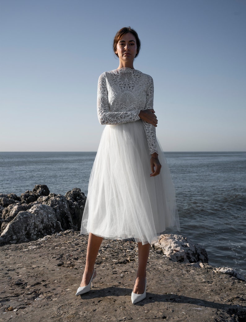 Tüllrock für Hochzeit, Romantischer Brautrock aus feinem Tüll, Hochzeits rock in kurz, knielang, wadenlang und bodenlang Dahlia Rock Midi