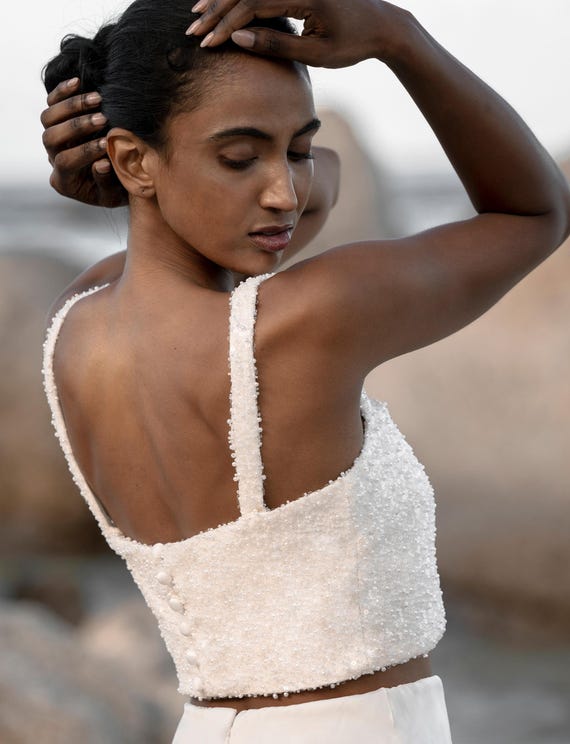 Bridal Crop Top Embroidered With Pearls and Sequins, Sparkly