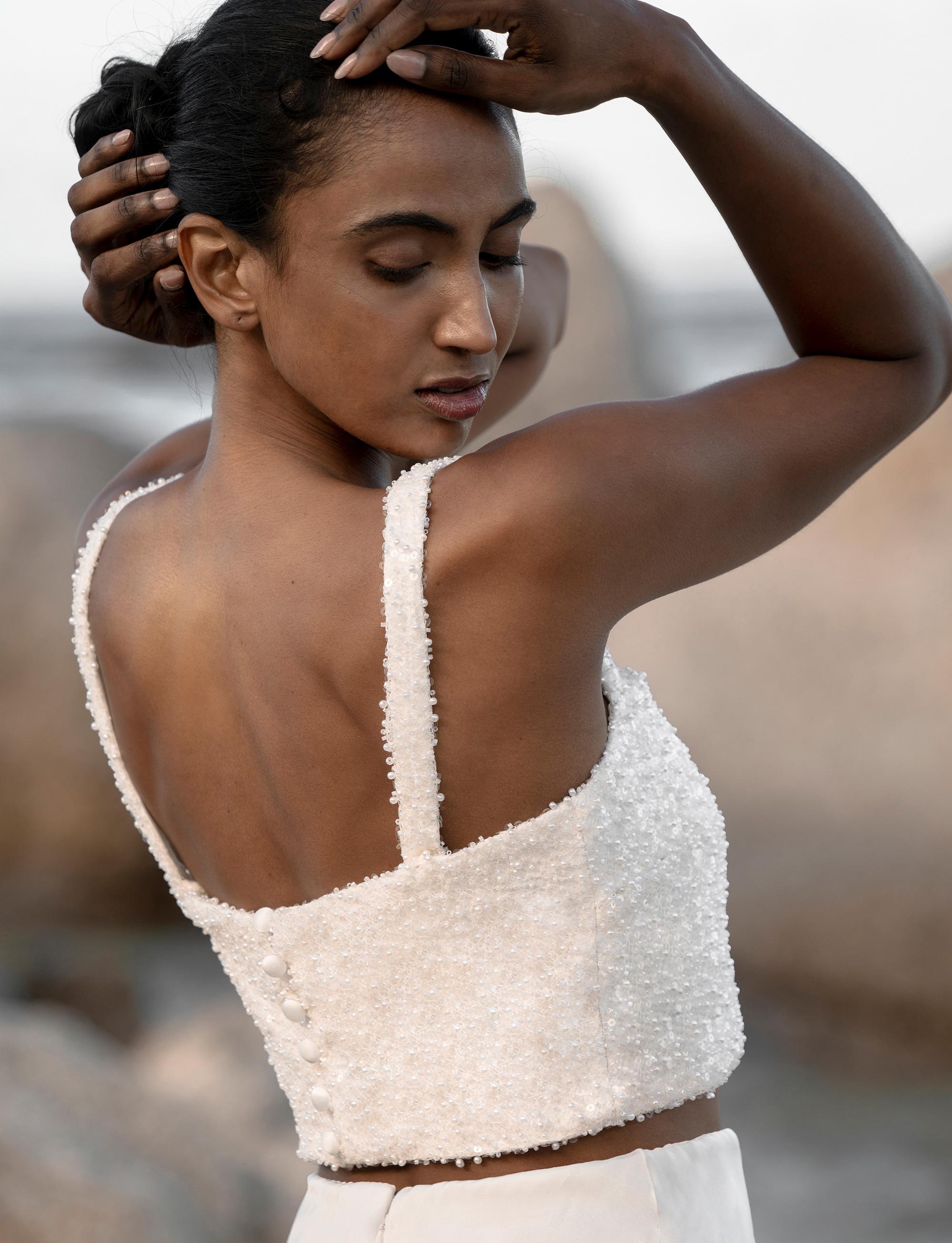 Bridal Crop Top Embroidered With Pearls and Sequins, Sparkly