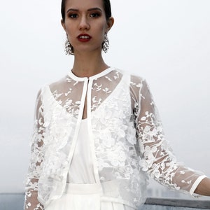 Bridal jacket with unique 3d lace, wedding dress cover up, bridal bolero, wedding dress topper, long sleeve lace top Leilani Jacket image 4