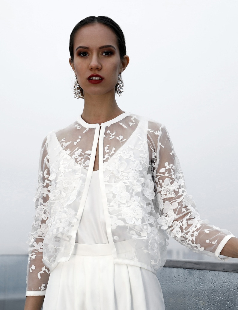 Bridal jacket with unique 3d lace, wedding dress cover up, bridal bolero, wedding dress topper, long sleeve lace top Leilani Jacket image 4