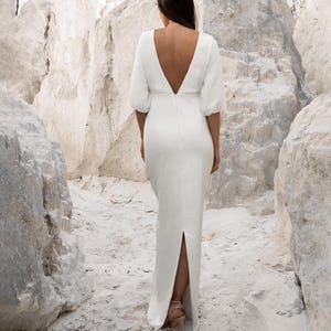 Silk wedding dress with long sleeves, Fitted wedding dress with low back, Elegant, slim fit bridal dress with empire waist  - Caranda Dress