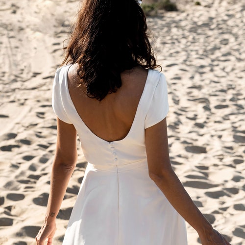 short sleeve backless wedding dress Chic Long Mermaid Square Neck Satin Backless Wedding Dress With Short Sleeves main image 1