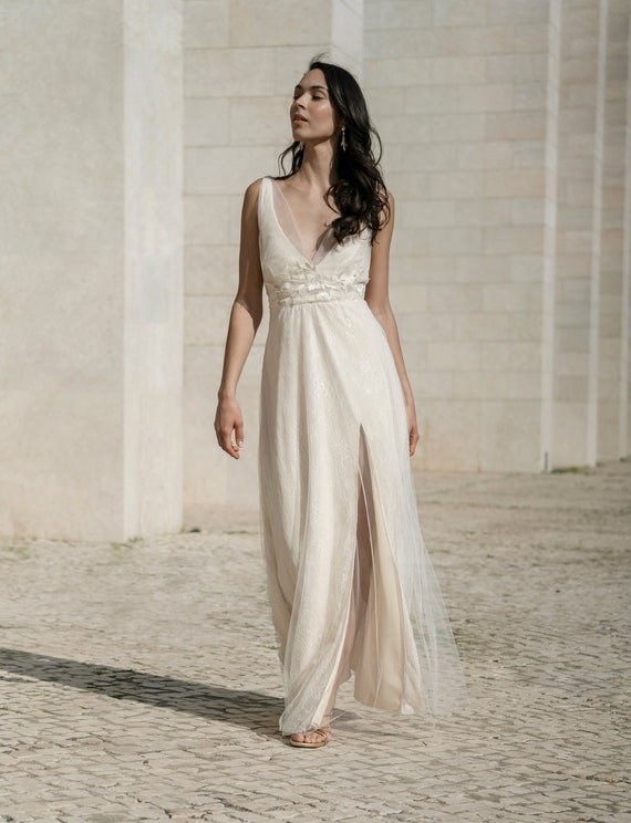 Boho Lace Wedding Dress With Open Back, A Line Wedding Gown With V  Necklines - Celandine Dress - Etsy