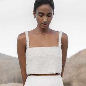 Bridal crop top embroidered with pearls and sequins, Sparkly wedding top with straps, button back and straight neckline  - Xylia Top