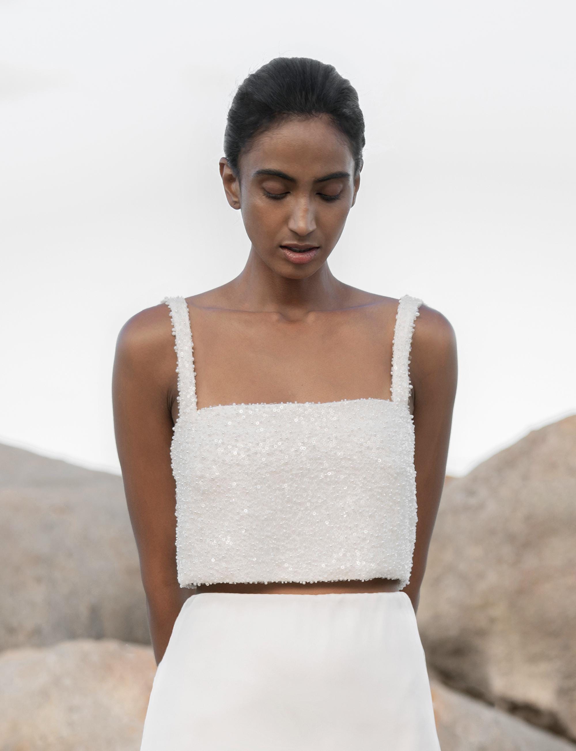 Bridal Crop Top Embroidered With Pearls and Sequins, Sparkly