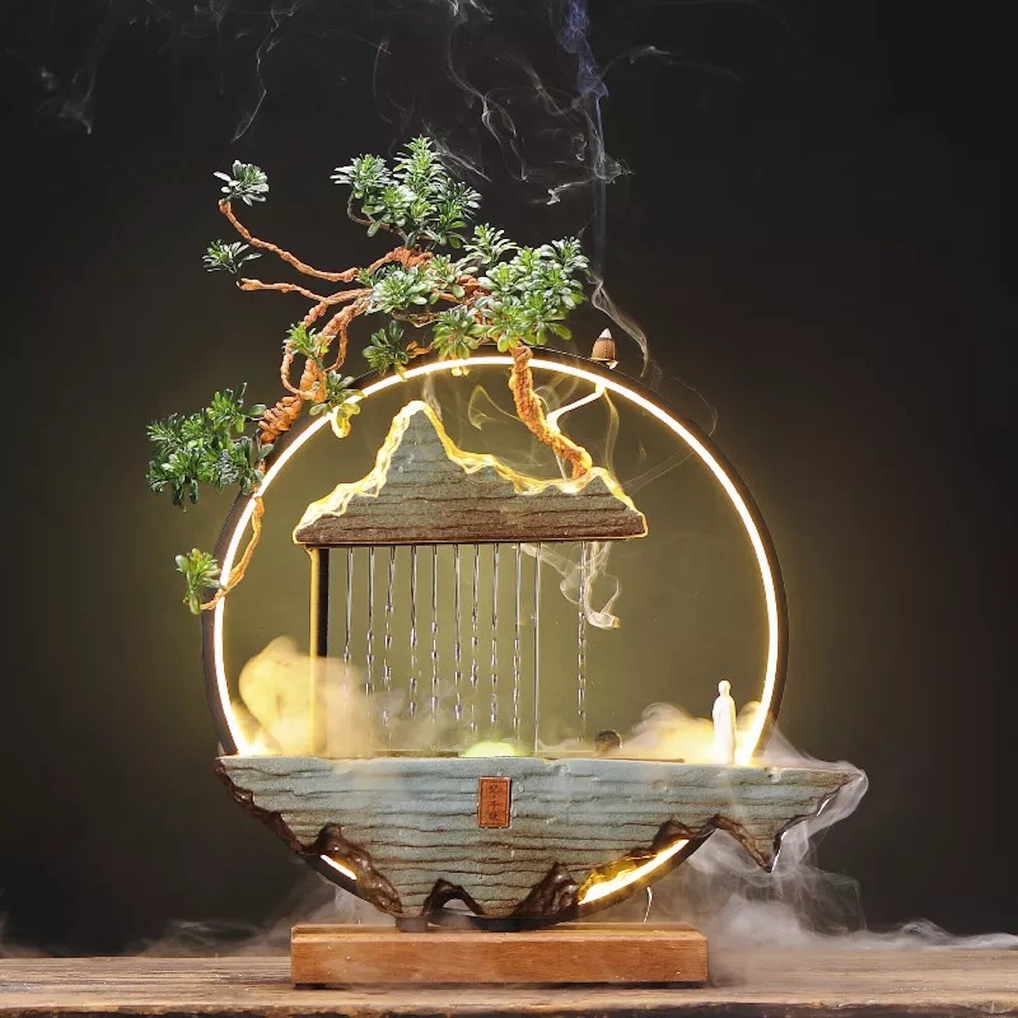 Bonsai Incense Burner Lamp With Waterfall Fountain Fengshui Etsy