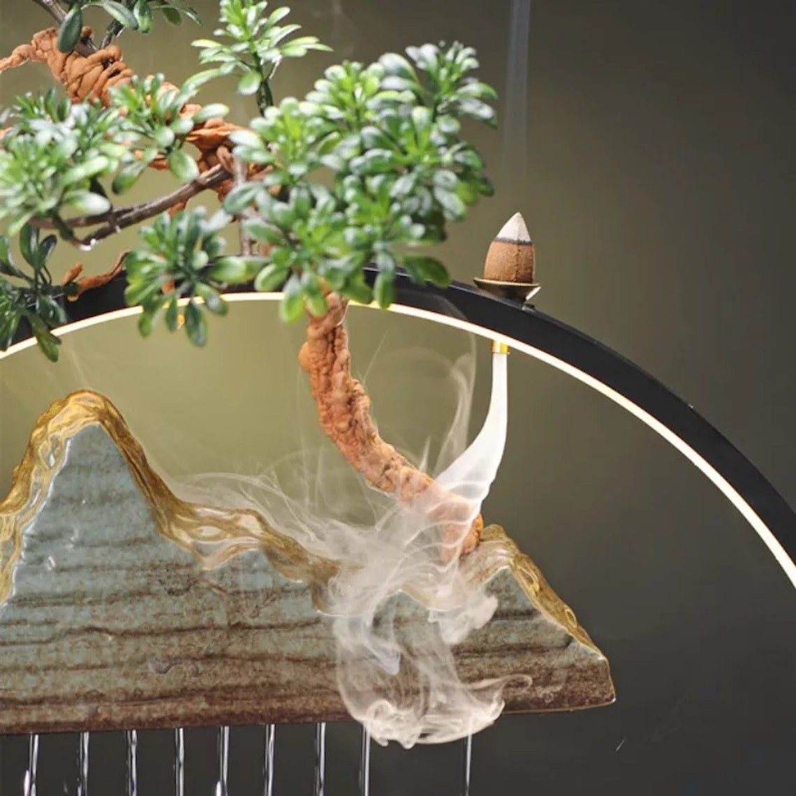 Bonsai Incense Burner Lamp With Waterfall Fountain Fengshui Etsy
