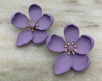 Purple and Gold Floral Stud Earrings | Summer Flower Statement Earrings