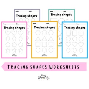 May include: Five educational worksheets titled Tracing shapes with Name and Date fields. Each page features dotted outlines of various geometric figures like hearts, circles, squares, and stars. The sheets have colourful borders and the Nanny Gunna's Toy Shop logo.