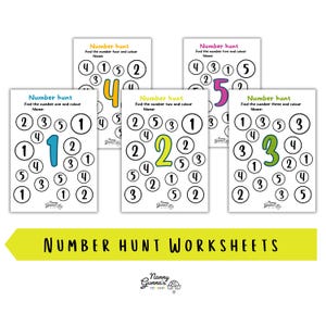 Może przedstawiać: Pięć arkuszy edukacyjnych zatytułowanych Number hunt, z których każdy zawiera dużą cyfrę od jednego do pięciu, otoczoną mniejszymi kółkami z różnymi liczbami do zidentyfikowania i pokolorowania, z logo Nanny Gunna's na dole.