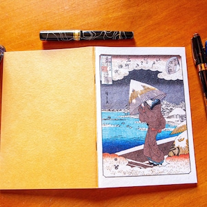 May include: An open notebook with a tan cover and a right-hand page featuring a Japanese woodblock print of a person in a brown robe holding a patterned umbrella. Three fountain pens in black and blue, and a square glass ink bottle are present.