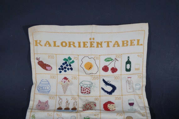 Hand embroidered cotton calorie chart vintage