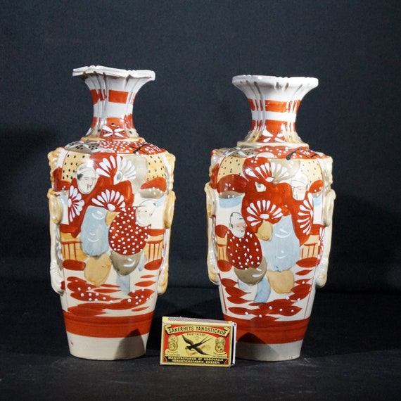 Old Japanese pair of vases. Hand painted Japanese Satsuma porcelain.