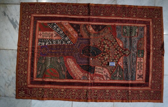 Hand embroidered brown patchwork decoration