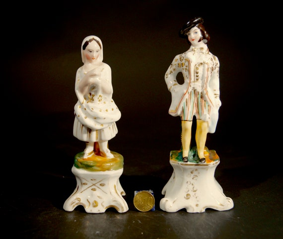Staffordshire pair of white gold and green figurines. Ceramic, Collectable, hand painted,