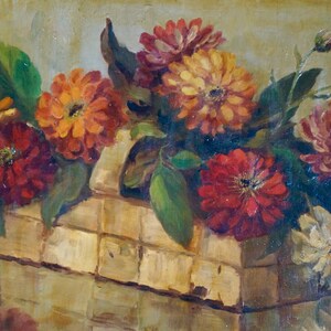 May include: A painting of a basket filled with a variety of colorful flowers, including red, orange, yellow, and white. The flowers are arranged in a rustic basket with a light brown background.