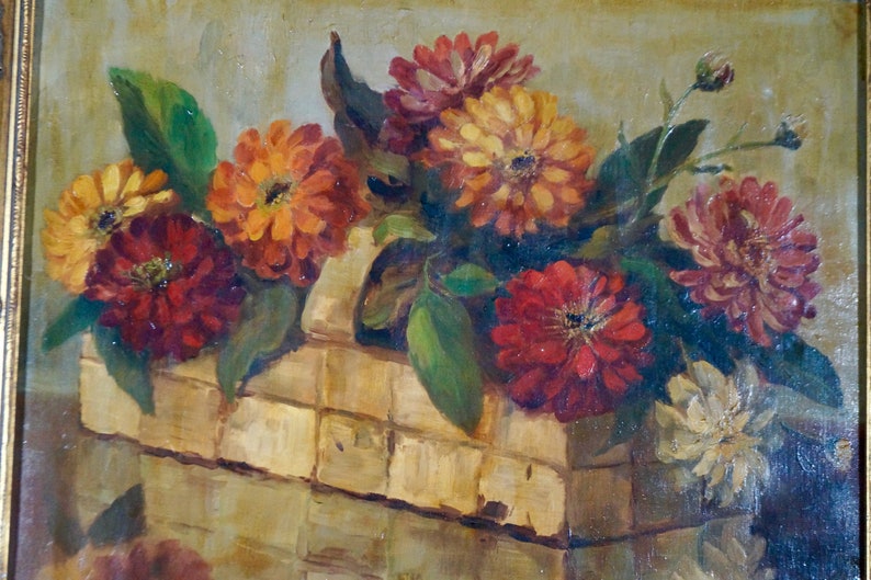 May include: A painting of a basket filled with a variety of colorful flowers, including red, orange, yellow, and white. The flowers are arranged in a rustic basket with a light brown background.
