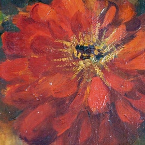 May include: Close-up of a red flower with a yellow center. The flower is painted in a realistic style with visible brushstrokes.