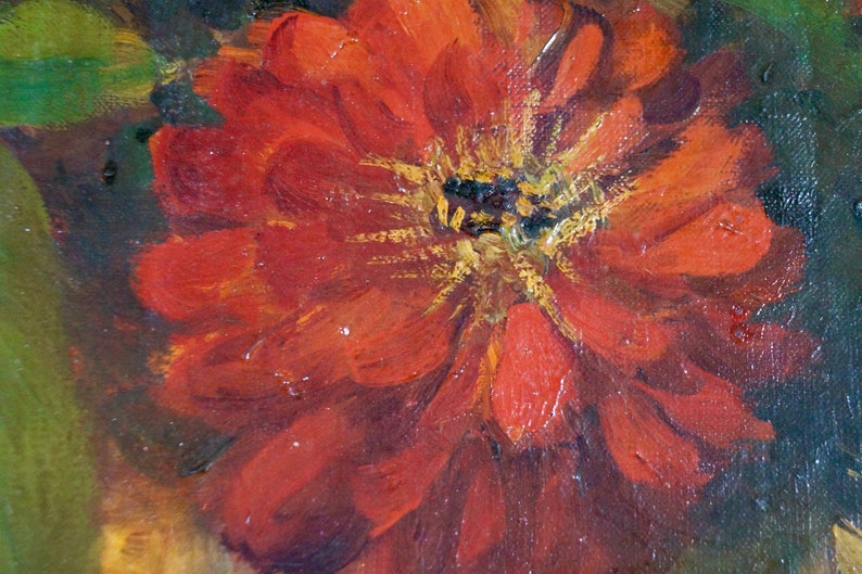 May include: Close-up of a red flower with a yellow center. The flower is painted in a realistic style with visible brushstrokes.