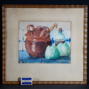 May include: A watercolor painting of a still life featuring a brown ceramic pot with a lid, a glass bottle with a cork stopper, and two green apples. The background is a blue and white tiled wall.