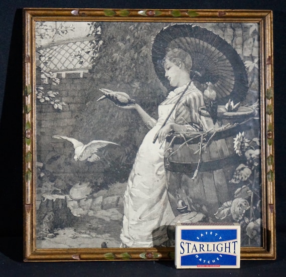 Meisje in tuin met duiven. Staalgravure Henri Le Sidaner