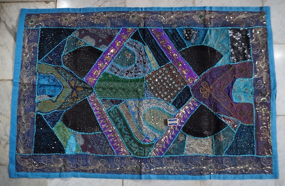 Hand embroidered blue patchwork decoration