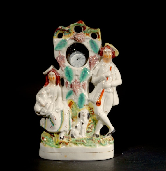 English Staffordshire watch holder with a couple and dogs. Vintage, Multicoloured, Ceramic, Collectable, hand painted,