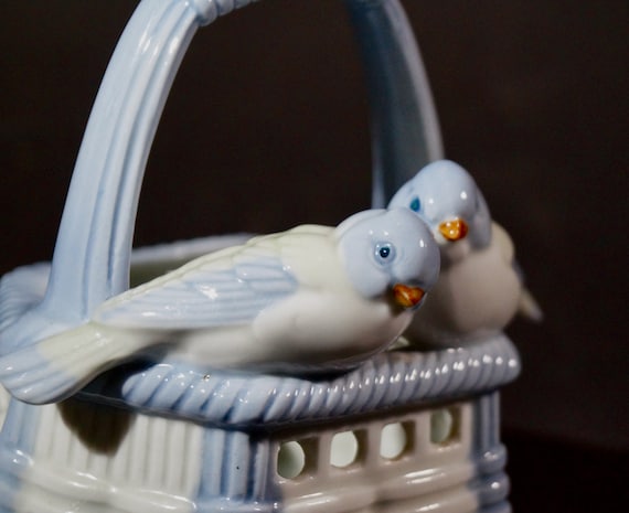 Basket with birds figurine, Porcelain Bird Statue, Collectable, hand painted,